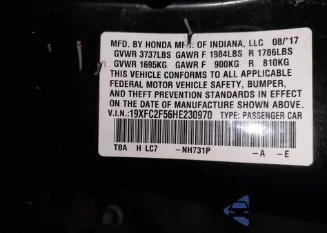 2017 Honda Civic Lx from USA, damaged, VIN 19XFC2F56HE230970